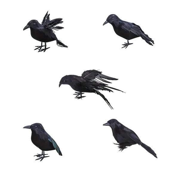 5Pack Halloween Crow Decorations Outdoor Indoor, Realistic Handmade Black Feather Crows Prop Fly and Stand Crows Figurines for Halloween Dead Tree Garden Yard Lawn