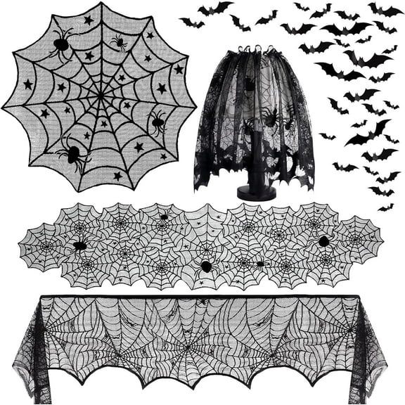 5Pack Halloween Decorations Indoor Halloween Spider Web Tablecloth Table Runners Fireplace Mantel Scarf Cobweb Lampshade Scary 3D Bats for Halloween Spooky Home Decor