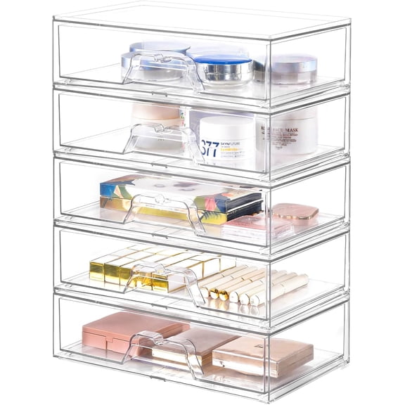 5Pack Makeup Organizer Stackable, 12.1''L Bathroom Organizer and Storage Acrylic Undersink Drawer Organizer, Cosmetics and Beauty Supplies,Clear Plastic Storage Bins for Vanity,Pantry,Cabinet,Kitchen