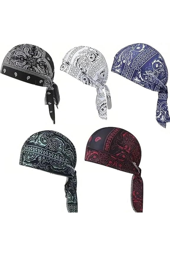 5Pack Paisley Cooling Headscarf Cap Set, Motorcycle Bandanas for Men,Set Bandana Beanie, Breathable, Adjustable Straps Multi