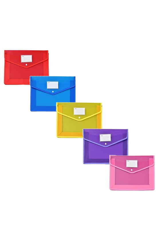 5Pack Plastic Expanding File Folder, Envelope Folders for Documents,Waterproof Transparent File Pouch with Snap Closure & Label Pocket Assorted Colors for School Office Organization