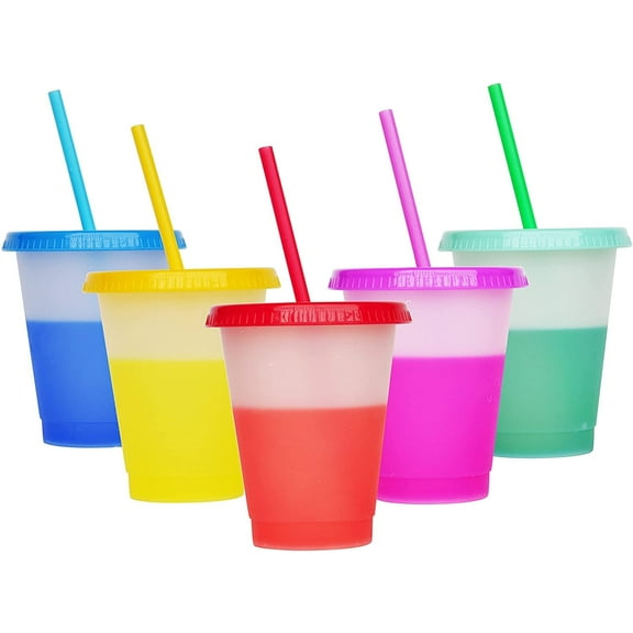 5Pack Plastic Tumblers with Lids and Straw - 24OZ Color Changing Cups with Lids and Straws for Adults and Kids - Tumblers with Lids and Straws for Cold Drinks or Reusable Coffee Cups with Lids