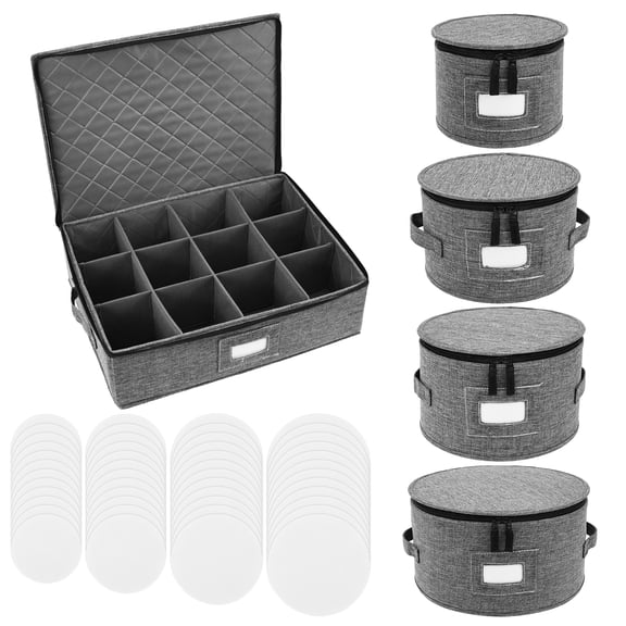 5Pack Plate Storage Container, Hard Shell Crockery Storage Bag with Divider – 1 Rectangle & 4 Cylindrical, with Labels for Cups, Dinner Plates & Tableware