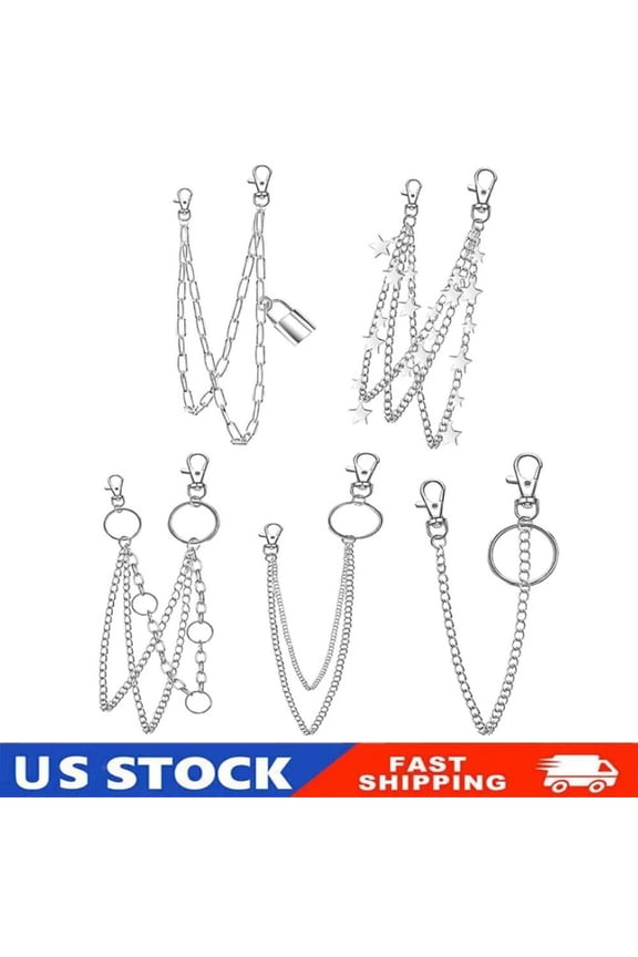 5Pack Silver Jeans Pants Chain Belt Goth Grunge Chain Pocket Waist Chain Decor