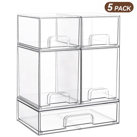5Pack Stackable Acrylic Storage Drawers,Acrylic Organizer Bins for Makeup,Cosmetics,Beauty Supplies,Bathroom Organizer Countertop,Bathroom Under Sink Organizers,12x7.5x15.4in