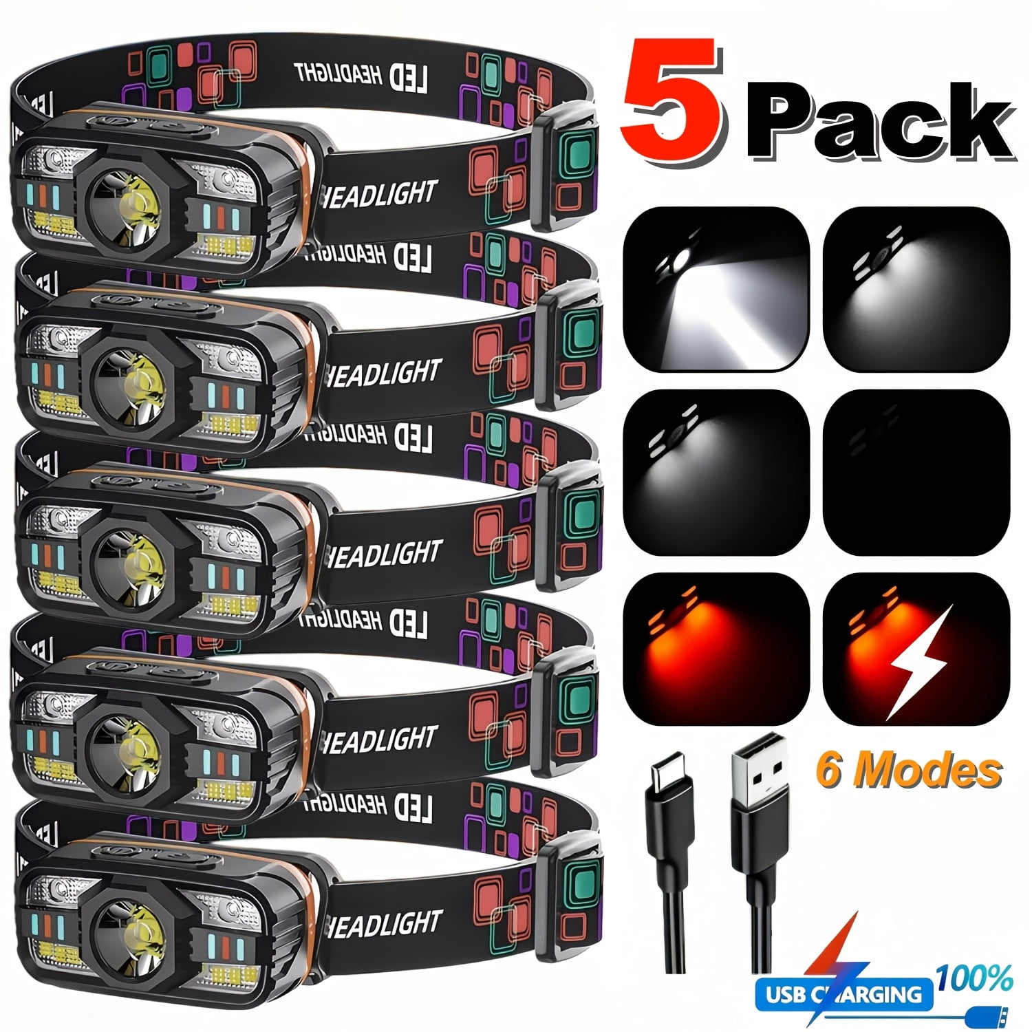 Usb Rechargeable Mini Led Light 5Pack USB Rechargeable LED Headlamps, Ultra-Bright, 6 Light Modes ...