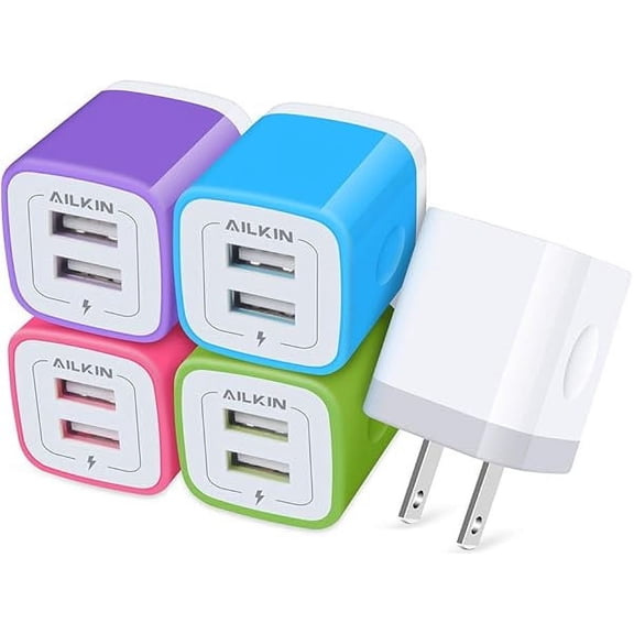 5Pack USB Wall Charger, Charger Adapter, AILKIN 2.1Amp Dual Port Quick Charge Plug Cube for iPhone 14/13/12/SE/11 Pro Max/8/7/6S/6S Plus/6 Plus/6, Samsung Galaxy, Moto, Kindle Fire Charging Box Block