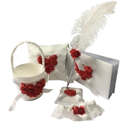 5Pack Wedding Ceremony Party Flower Girl Basket, Cushion Pillow, Garter Guestbook , Red