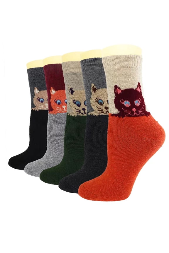 5Pack Womens Warm Wool Soft Crew Socks Owl Cat Design Sock for Fall Winter Christmas Gifts Size 5-9