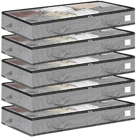5Pack under bed storage Transparent plastic visual window containers Below bins 4.5 Inches Low Profile Under Organizer Clothes bag with Sturdy Sidewalls and Bottom