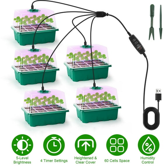 5Packs Seed Starter Tray with Grow Light, Humidity Dome Germination Kit with 5-Level Brightness 4 Timers for Indoor Greenhouse