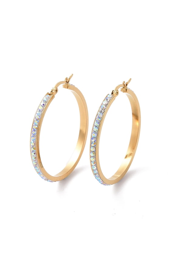 5Pair 304 Stainless Steel Hoop Earrings with Polymer Clay and Rhinestone Ring Golden AB 40x39x3.5mm