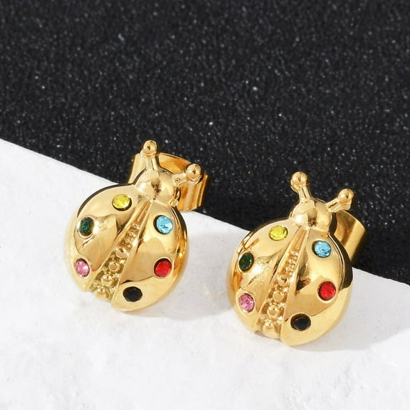 5Pair 304 Stainless Steel Rhinestone Stud Earrings Ion Plating(IP) Ladybug Real 14K Gold Plated 13.5x10mm