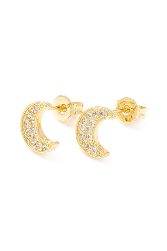 5Pair Clear Cubic Zirconia Crescent Moon Stud Earrings Brass Jewelry for Women Cadmium Free & Nickel Free & Lead Free Real 18K Gold Plated 8.5x7mm Pin: 0.6mm