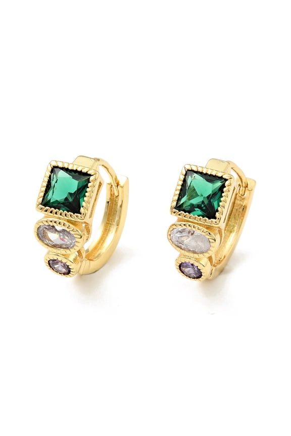5Pair Green Cubic Zirconia Square Hoop Earrings Rack Plating Brass Jewelry for Women Cadmium Free & Nickel Free & Lead Free Real 18K Gold Plated 14x16.5x2.5mm Pin: 0.8mm