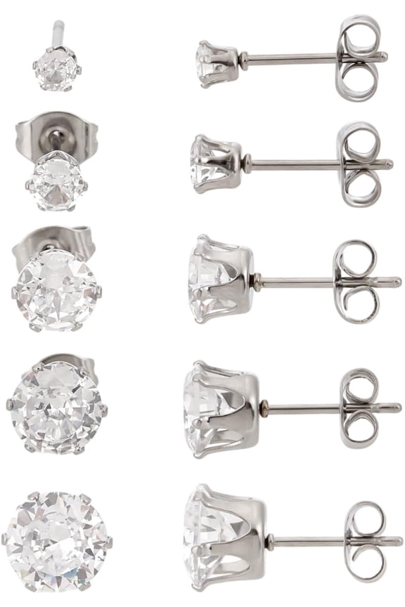 5Pairs 5Sizes 316 Stainless Steel Flat Round Stud Earrings with Cubic Zirconia Screw Back and Flat Back Options