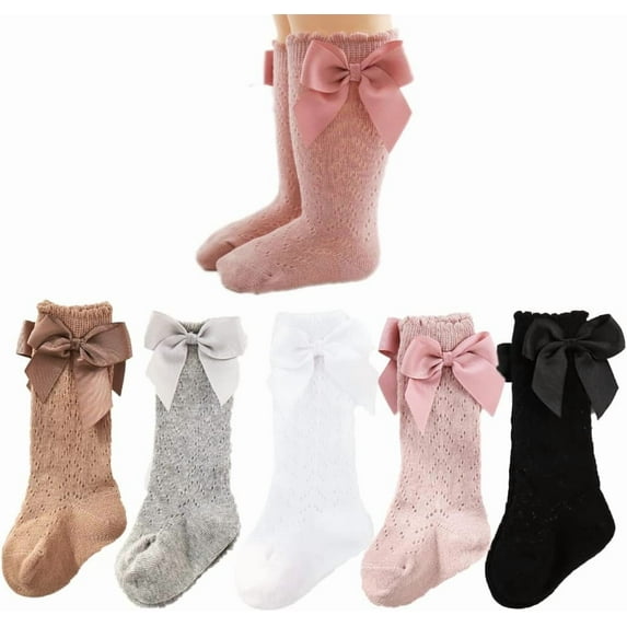 5Pairs Baby Girls knee high socks Toddler Bow Mesh Breathable Dress Socks Kids Cotton Tube Uniform Stockings