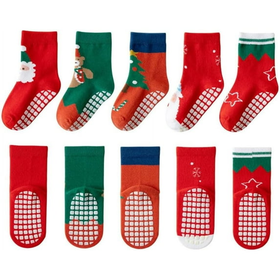5Pairs Baby Toddler Christmas Socks Kids Non Slip Grip Socks Xmas Cotton Winter Holiday Cozy Socks for Boy/Girl Children