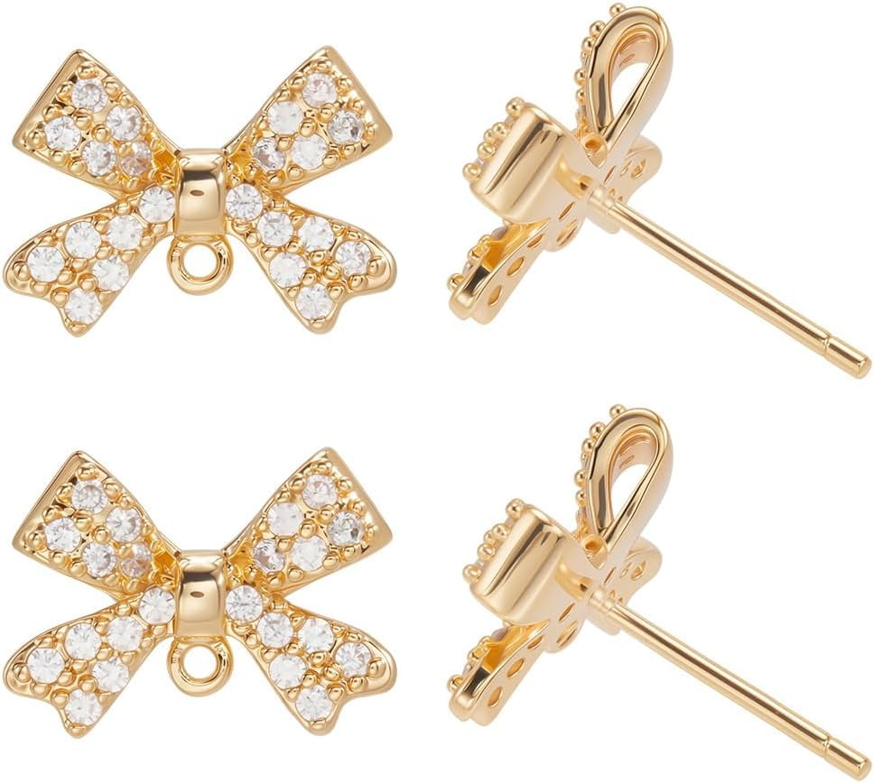 5Pairs Brass Clear Cubic Zirconia Stud Earring Findings with Loop Bowknot 10Pcs Brass Friction Ear Nuts Real 18K Gold Plated 9.5x13mm Hole: 0.9mm Pin: 11x0.7mm