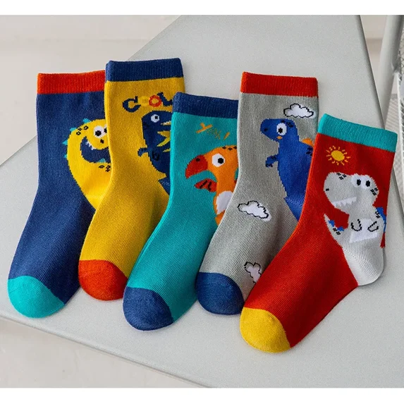 5Pairs Children Dinosaur Socks Baby Autumn and Winter Boys Mid Length Cotton Girls Cartoon Socks Soft and Comfortable Kid Socks DinoWorld L(6-8Years)