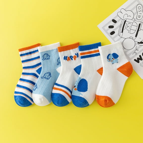 5Pairs Cute Elephant Embroidered Pattern Toddler Boy Socks, Soft Breathable Stretchy for Kids, Lightweight & Comfy for Spring and Summer Daily Wear Children's Socks That Boys Love