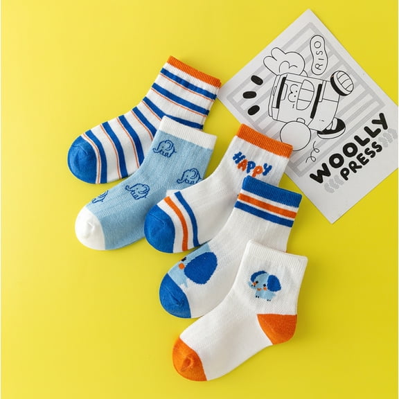 5Pairs Cute Elephant Embroidered Pattern Toddler Boy Socks, Soft Breathable Stretchy for Kids, Lightweight & Comfy for Spring and Summer Daily Wear Children's Socks That Boys Love