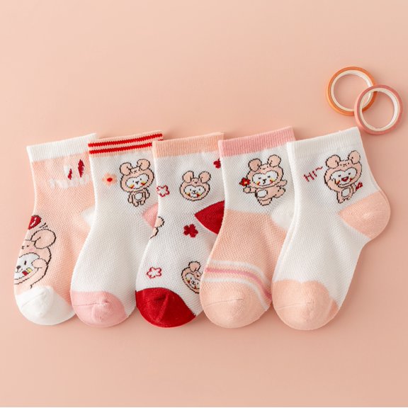 5Pairs Cute Rabbit Embroidered Pattern Toddler Girl Socks, Soft Breathable Stretchy for Kids, Lightweight & Comfy for Spring and Summer Daily Wear