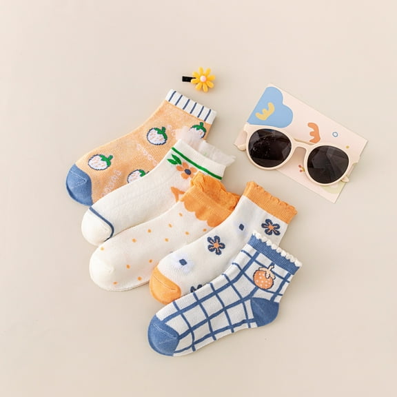 5Pairs Cute Strawberry Embroidered Pattern Toddler Girl Socks, Soft Breathable Stretchy for Kid and Toddler, Lightweight & Comfy for Spring and Summer Daily Wear