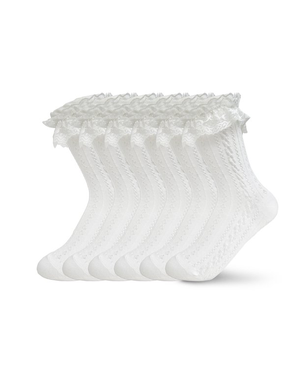 Women‘s Lace Ruffle Frilly Ankle Socks, Cotton Cute Princess Lolita Dress Socks with Elastic Cuff and Lace Trim, for Girls,6 Pairs