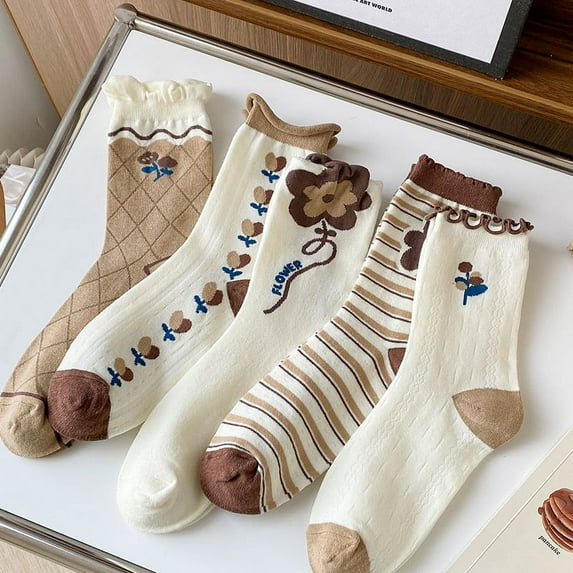 5Pairs Womens Crew Socks Casual Cotton Cute Socks Fun Novelty Girl Thin Dress Floral Ankle Socks