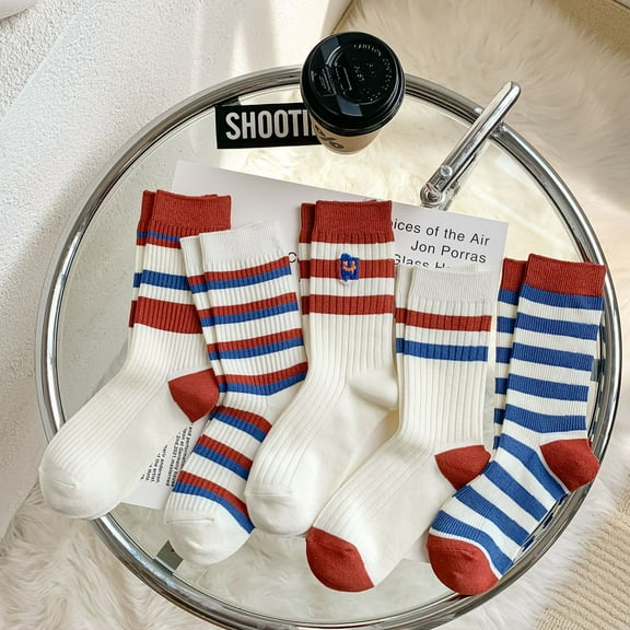 5Pairs Womens Fashion All Season Women's Crew Socks Simple Striped 5 Colors Socks Casual Medium (Free Size)