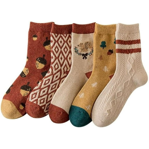 5Pairs Wool Socks for Women Thick Knit Vintage Cute Floral Crew Socks