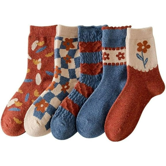 5Pairs Wool Socks for Women Thick Knit Vintage Cute Floral Crew Socks