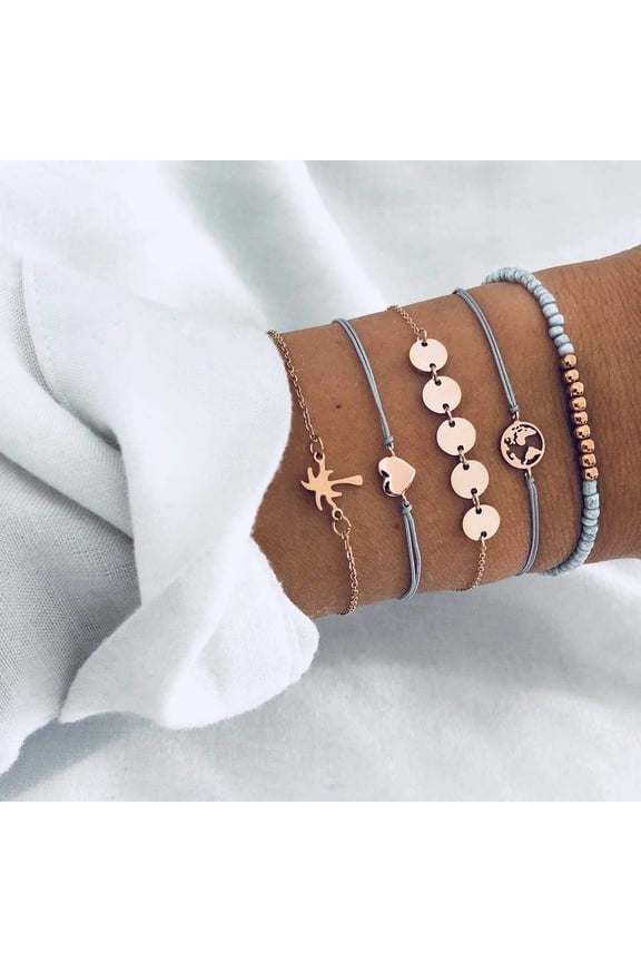 5Pc Alloy Link Bracelets Sets Mixed Shapes Charm Bracelets Light Gold Chain Bracelets Sets DIY