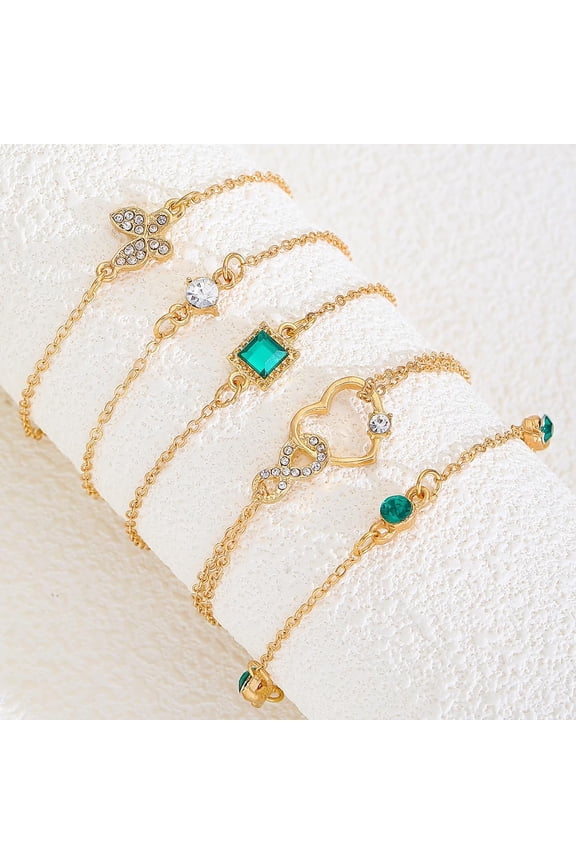 5Pc Alloy Rhinestone Link Bracelets Mixed Shape Charm Bracelets Light Gold Bracelets with Rhinestone for Women Valentine's Day Elegant Gifts DIY Personalized Jewelry 5pcs/set