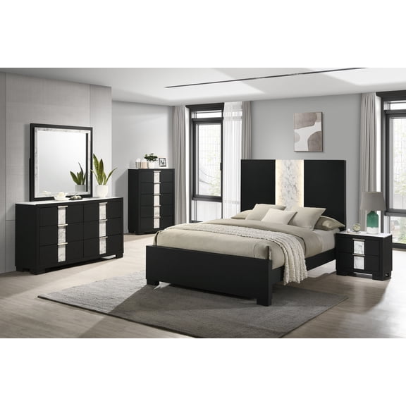 5Pc Beautiful Master Bedroom Black/White Marble Finish King Size Sleek Integrated Light Bed Set