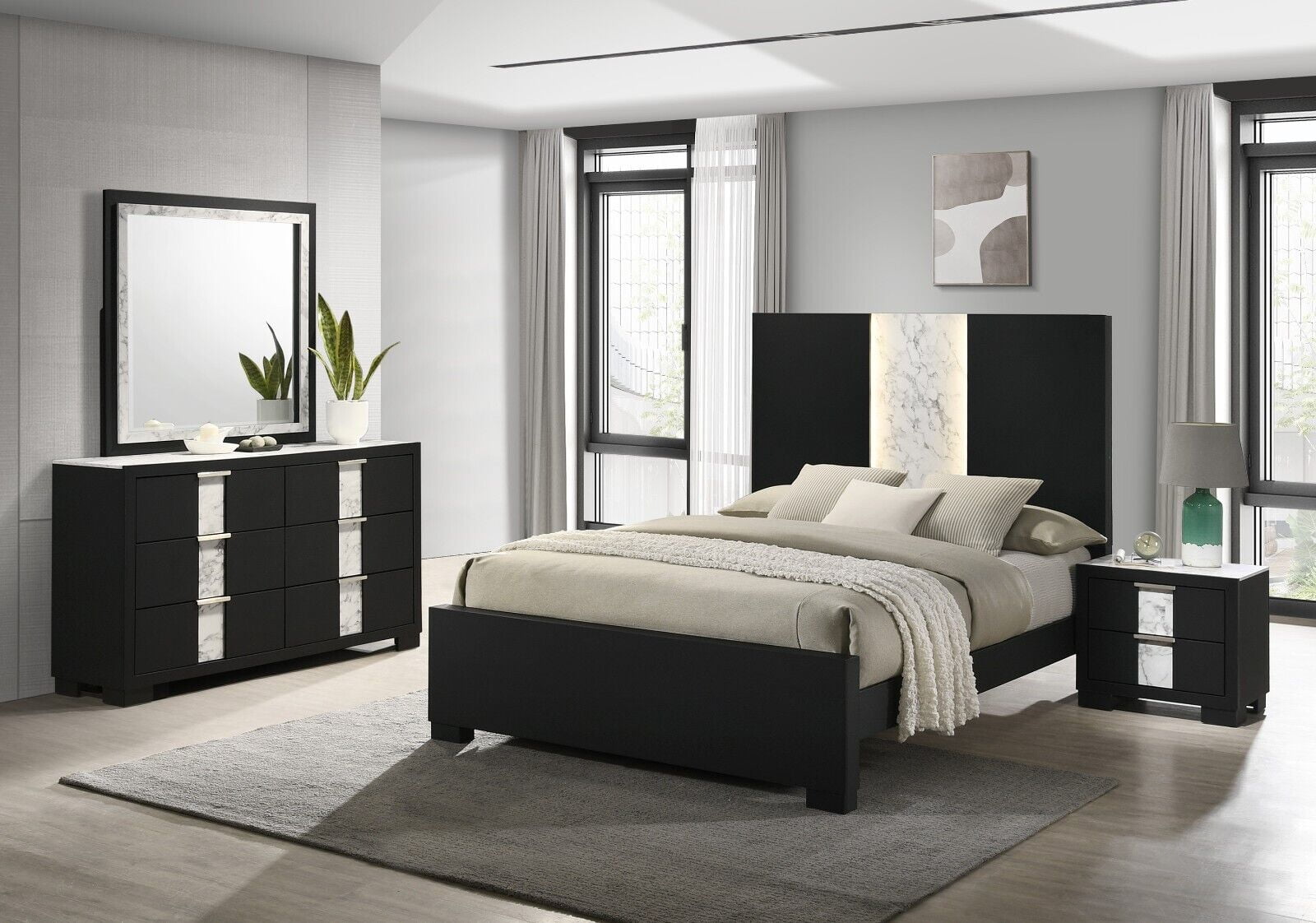 5Pc Beautiful Master Bedroom Suite Black/White Finish Queen Size Sleek Bed  Set Solid Wood Furniture - Walmart.com, image size:1600x1122