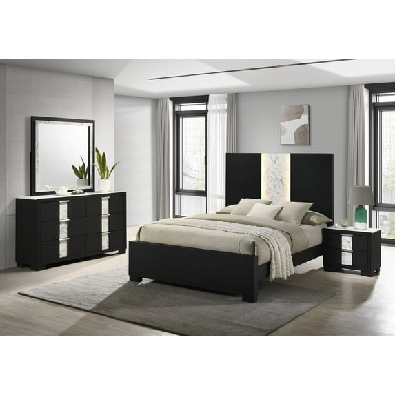 5Pc Beautiful Master Bedroom Suite Black/White Finish Queen Size Sleek Bed Set Solid Wood Furniture