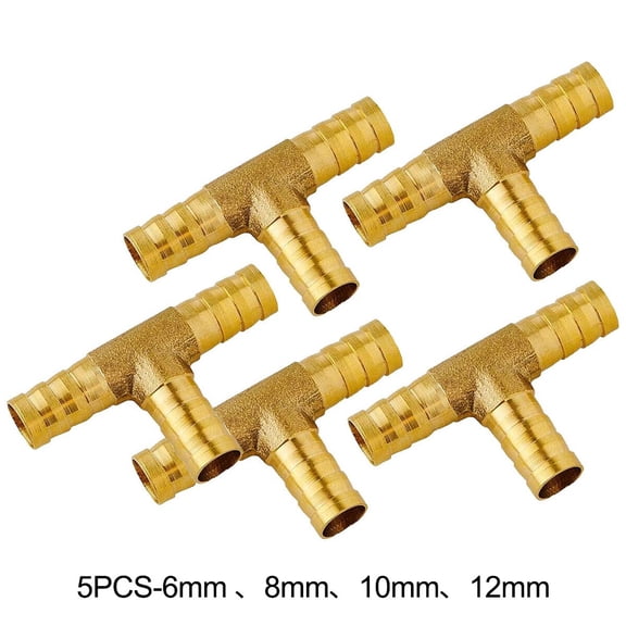 5Pc Brass Tee 3Way Air Hose Joiner Fuel Pipe Fitting Barbed Splitter Connector T