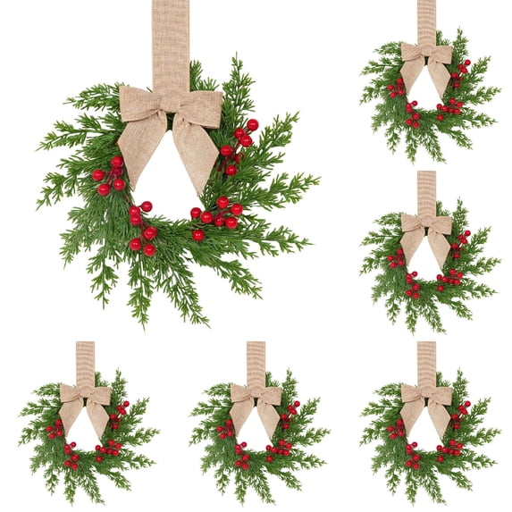 5Pc Christmas Norfolk Pine Kitchen Cabinet Wreaths for Kitchen with Ribbon Bows Red Berry Small Window Wreath for Window Door Farmhouse Christmas Party Decorations