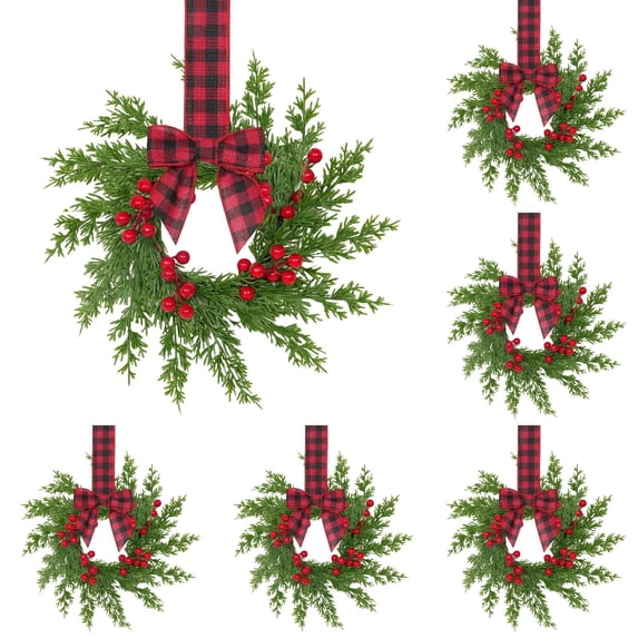 5Pc Christmas Norfolk Pine Kitchen Cabinet Wreaths for Kitchen with Ribbon Bows Red Berry Small Window Wreath for Window Door Farmhouse Christmas Party Decorations