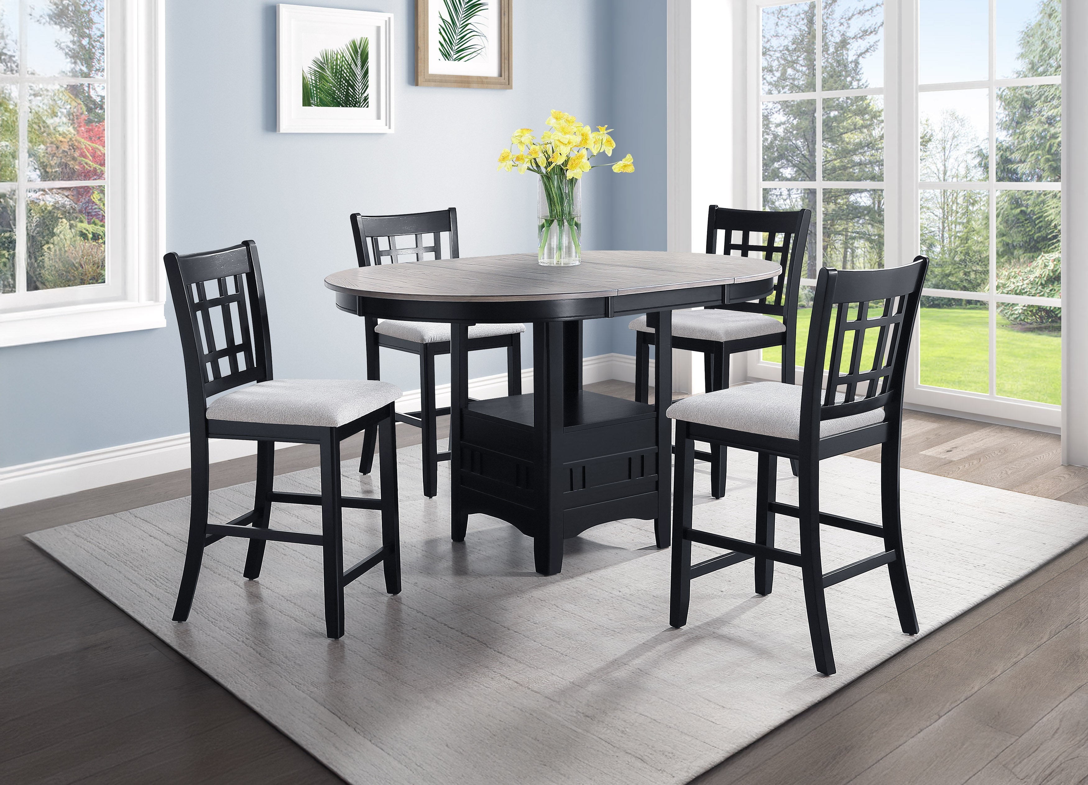 5Pc Counter Height Dining Room Set Light Grey Black Finish 18" Leaf ...