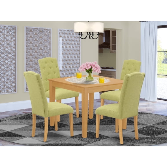 5Pc Dinette Set - Square Table & 4 Parsons Chairs - Oak Finish, Lime Green Fabric
