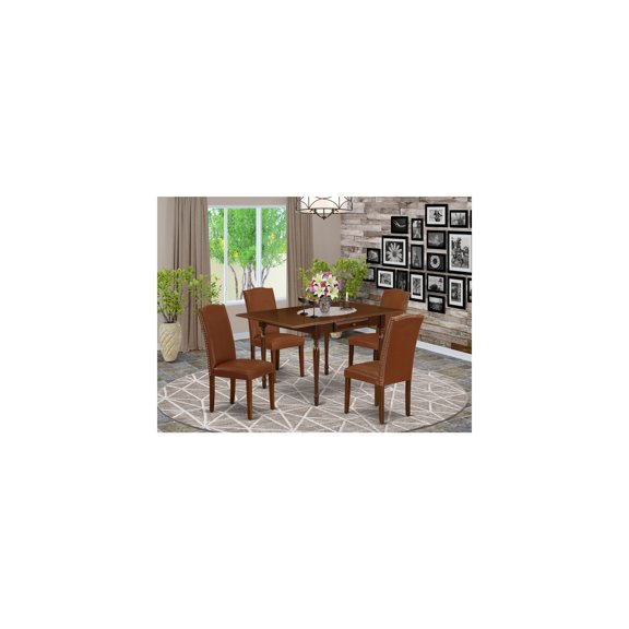5Pc Dining Set - Brown PU Leather Table & Chairs - Drop Leaf Table - Parsons Style - Mahogany Finish