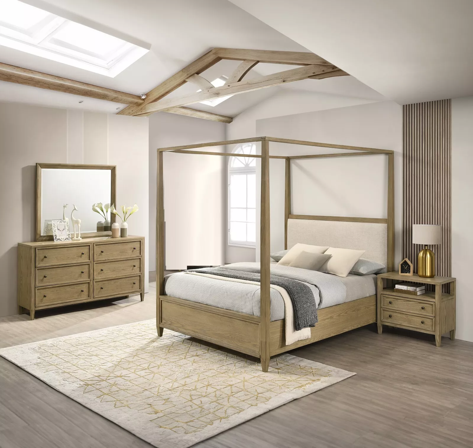 5Pc Light Brown King Canopy Bed Set Rustic Finish Luxurious Bedroom Furniture