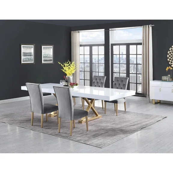 5Pc Modern Dining Room Set, Lacquer Wood Expandable Dining Table with Velvet Tufted 4 Side Chairs Set, Gray