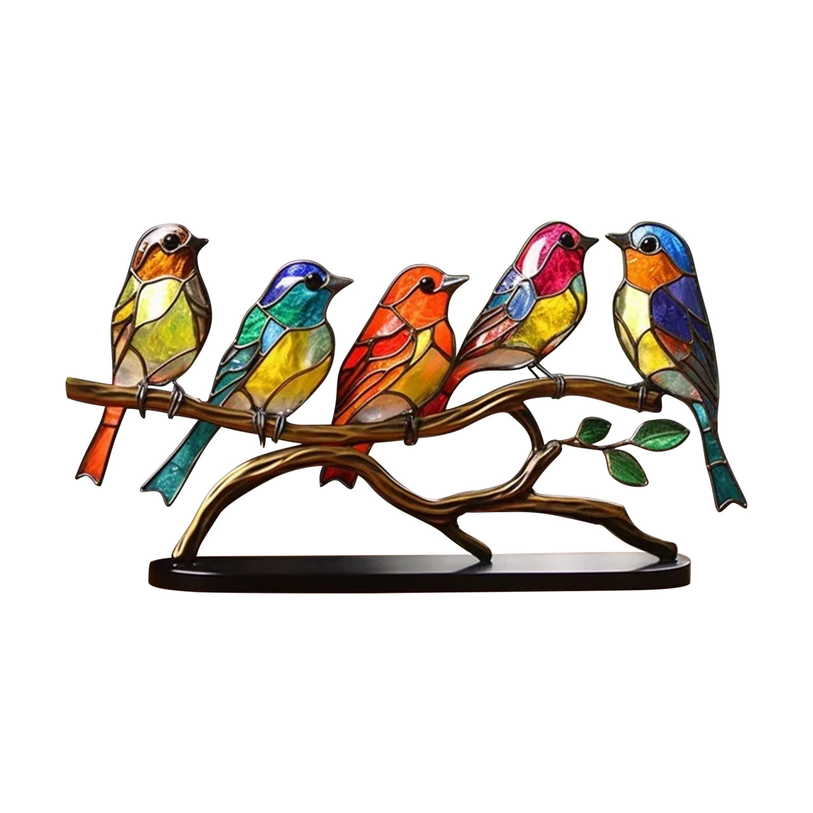 Multicolor Stained Glass Birds on Branch Metal Figurine