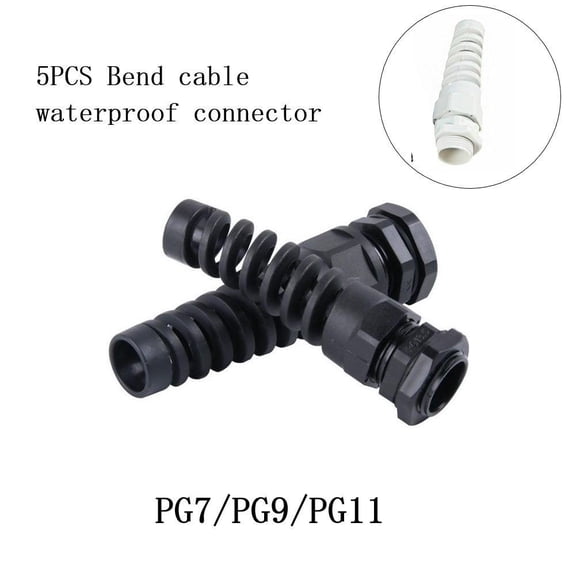 5Pc Waterproof Cable Gland Connector Flexible Spiral Strain Relief Protector Pg9 - Black