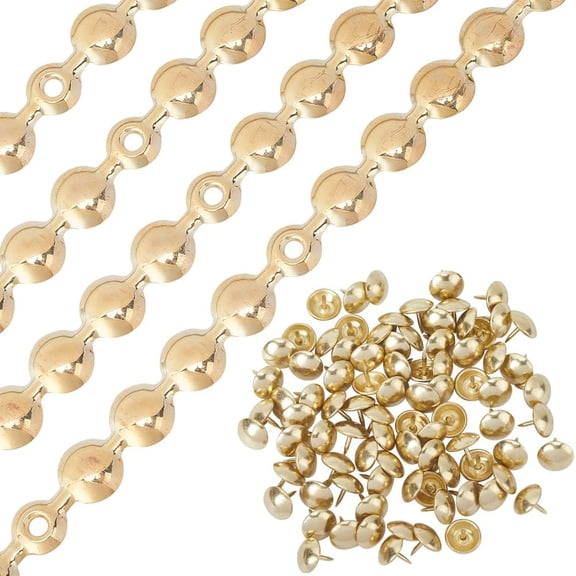 5Pcs 1 Meter Upholstery Tacks Strips 10.5mm Metal Iron Round Head Glossy Decorative Nailhead Trims with 90Pcs Upholstery Nails Loosing Tacks Matched for Sofa Chair Furniture Golden DIY