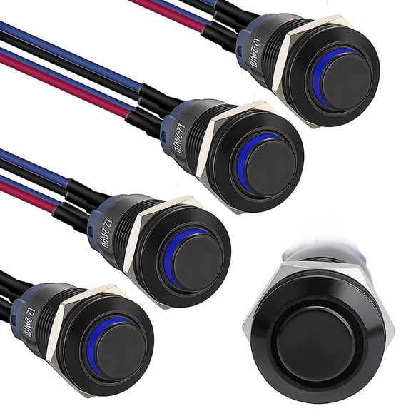 5Pcs 12Mm Latching Push Button Switch With Pre-Soldered Cable, aluminum Alloy Shell, IP66 Waterproof, IK09 Anti-Vandal, 3A 250V, For Automotive And Industrial Use, Black